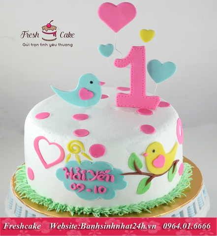 Bánh fondant họa tiết fondant chú chim và hoa lá mừng sinh nhật bé 1 tuổi [MS:1384]