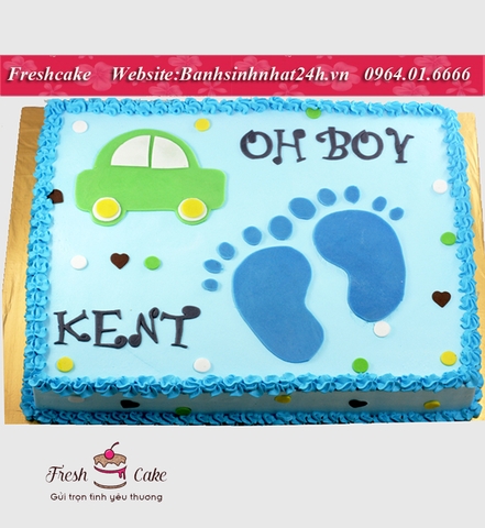 Bánh fondant trang trí họa tiết fondant hình bàn chân và xe ô tô tặng bé trai đầy tháng [MS:1385]