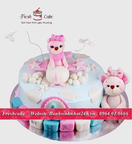 Bánh sinh nhật kem tươi nặn hình fondant gấu lái máy bay [MS:0771]