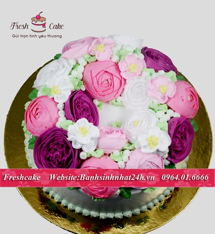 Bánh kem tươi trang trí hoa hồng Hàn Quốc tông hồng tím [MS:1272]
