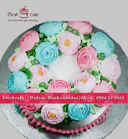 Bánh kem tươi trang trí hoa hồng Hàn Quốc tông xanh hồng [MS:1273]