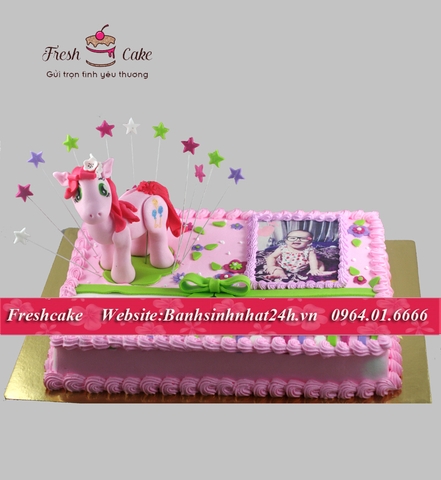 Bánh kem tươi trang trí ngựa hồng xinh kết hợp in ảnh bé [MS:0932]