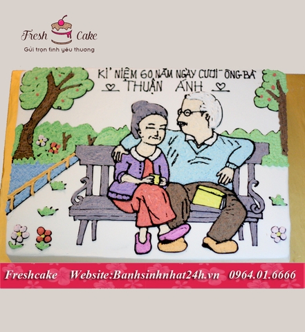Bánh sinh nhật vẽ ông bà ngồi ghế đá công viên [MS:1293]