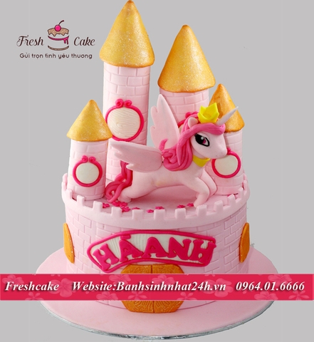 Bánh sinh nhật fondant lâu đài hồng bé ngựa 1sừng đáng yêu [MS:0776]
