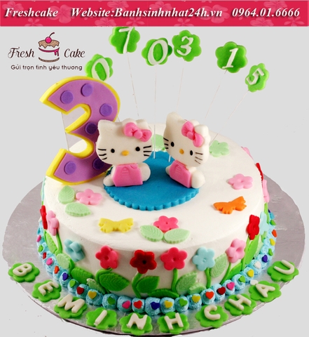 Bánh fondant mèo Kitty sinh đôi bên vườn hoa dành tặng bé yêu [MS:1387]