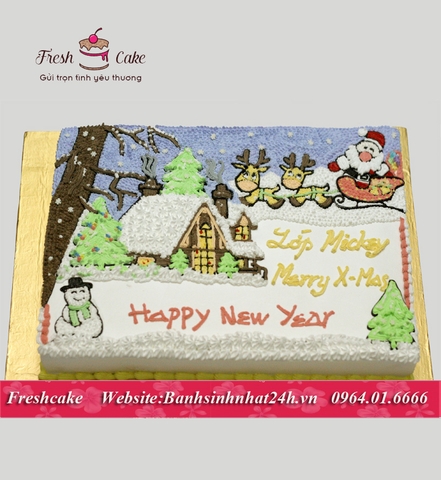 Bánh sinh nhật ngôi nhà phủ tuyết và ông già noel [MS:1562]