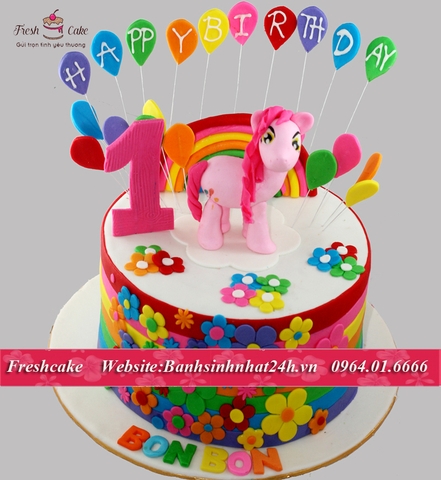 Bánh fondant nặn ngựa hồng tiểu thư vui chơi bên cầu vồng [MS:0777]