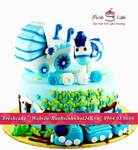 Bánh sinh nhật fondant ngựa nhỏ chơi xe đẩy [MS:0854]