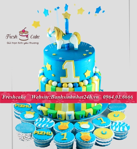Bánh sinh nhật fondant ngựa nhỏ tập phi cùng set cupcake [MS:0855]