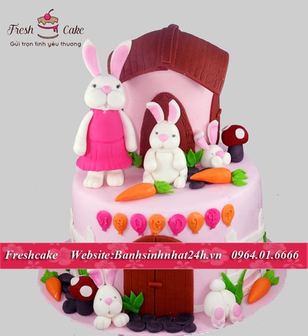 Bánh sinh nhật đường fondant gia đình thỏ trắng [MS:0783]