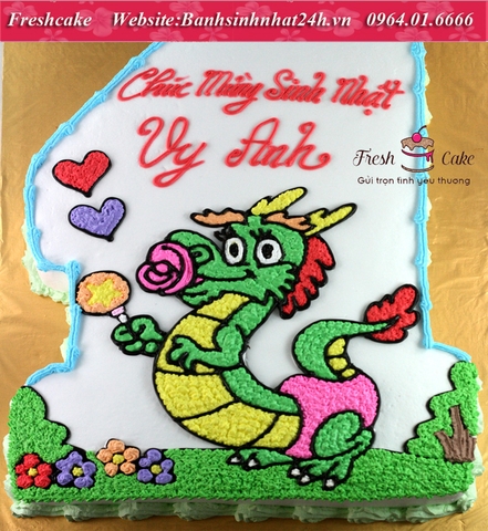 Bánh sinh nhật số 1 vẽ rồng con đóng bỉm, ngậm ti giả, cầm kẹo mút [MS:1639]