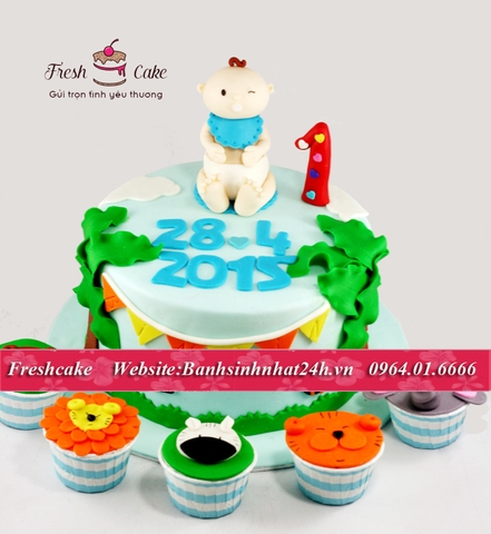 Bánh sinh nhật fondant mừng bé trai đầy năm [MS:1399]