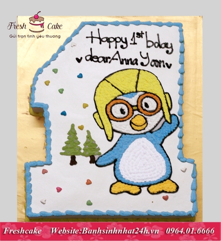 Bánh sinh nhật số 1 vẽ Chú chim cánh cụt Pororo mặc quần áo phi công [MS:1707]