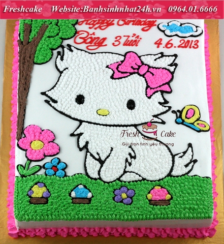 Bánh sinh nhật số 1 vẽ Mèo xinh trong vườn cây [MS:1695]