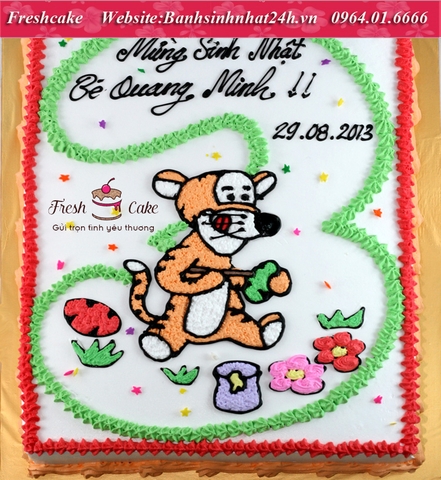 Bánh sinh nhật số 3 hình Con hổ trong truyện gấu Pooh đang tô màu [MS:1742]
