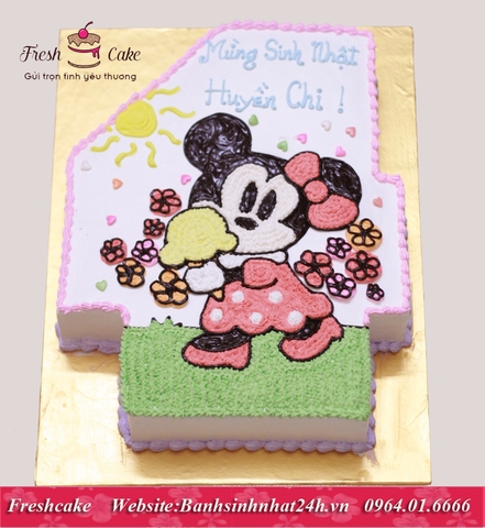 Bánh sinh nhật số 4 vẽ chuột Minnie tập ăn kem ngoài sân [MS:1754]