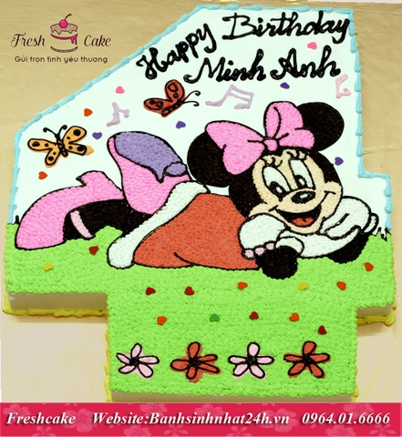 Bánh sinh nhật số 4 vẽ Chuột Minnie xinh đẹp nằm chơi trong vườn hoa [MS:1749]