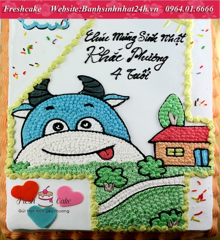 Bánh sinh nhật số 4 vẽ con trâu ngộ nghĩnh [MS:1755]