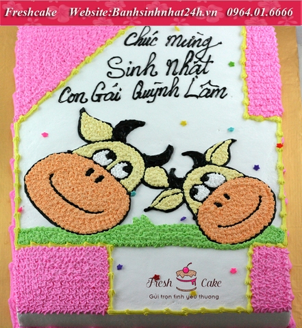 Bánh sinh nhật số 4 vẽ Con trâu vàng, tông hồng cho bé gái [MS:1750]