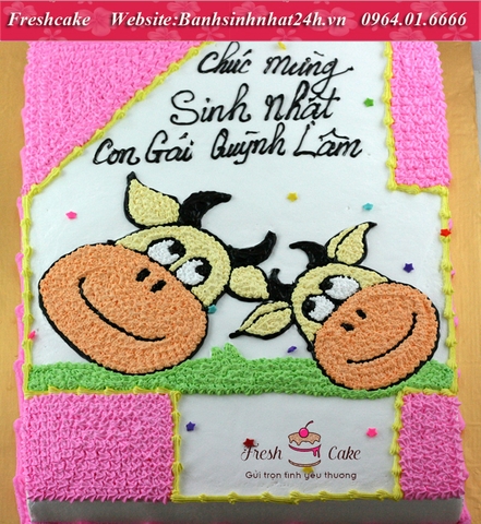 Bánh số 4 - Con trâu vàng, tông hồng cho bé gái [MS:0342]