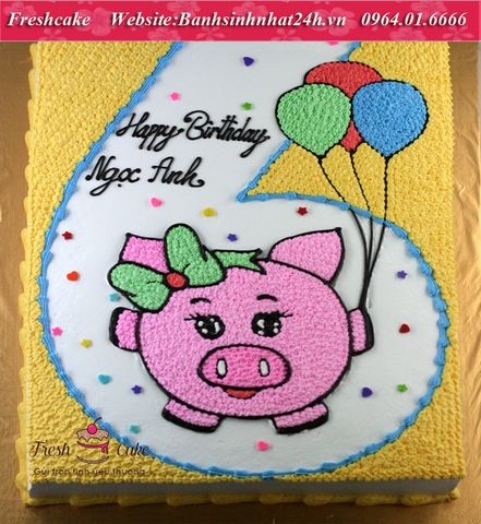 Bánh sinh nhật số 6 vẽ Lợn hồng béo tròn mũm mĩm cầm bóng bay [MS:1765]
