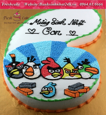 Bánh sinh nhật cắt hình số 6 vẽ 6 con Angry Birds vui nhộn [MS:1777]