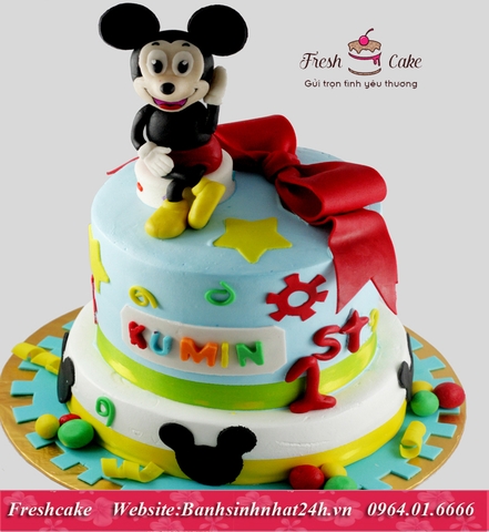 Bánh sinh nhật fondant nặn chuột Mickey ngồi chơi đồ chơi [MS:0730]