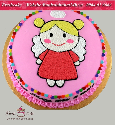 Bánh sinh nhật vẽ thiên thần gái cute váy hồng [MS:1819]