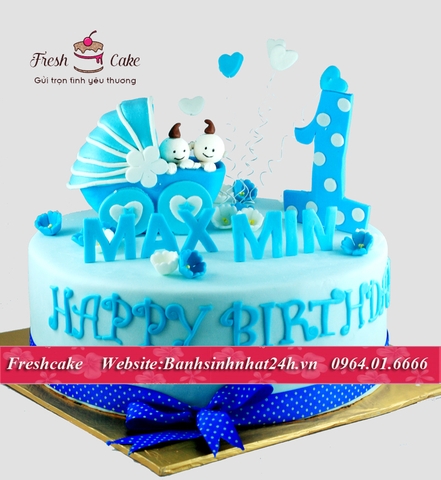 Bánh sinh nhật fondant thôi nôi anh em trai sinh đôi [MS:1404]
