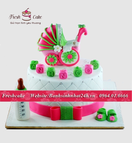 Bánh sinh nhật fondant tạo hình thôi nôi bé gái [MS:0947]
