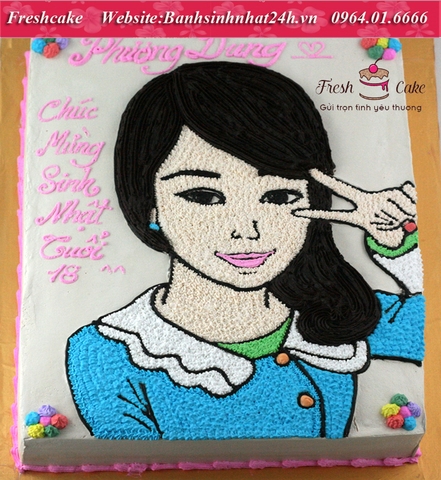 Bánh sinh nhật vẽ bạn gái tóc dài pose ảnh dễ thương [MS:1868]