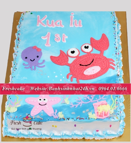 Bánh sinh nhật vẽ hình bé cua và mực chủ đề biển đáng yêu [MS:1874]