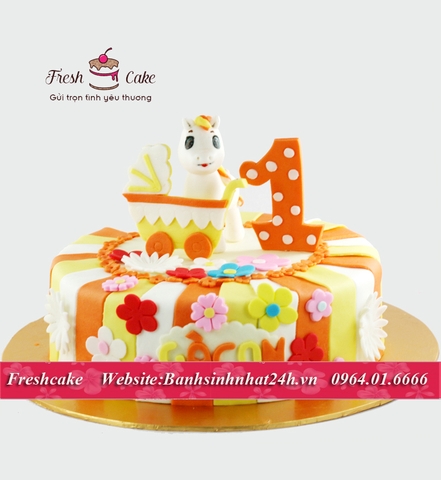 Bánh fondant mừng đầy tháng bé ngựa yêu màu da cam [MS:1407]