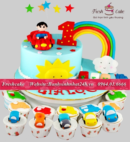 Sét Bánh gồm 1 bánh em bé lái ô tô cùng cầu vồng và cupcake xe hơi [MS:0539]