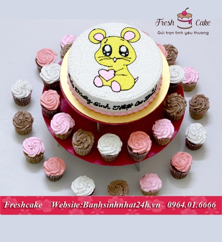 Tháp Cupcake 3 tầng, chuột Hamster cute, tông nâu, trắng, hồng [MS:0163]