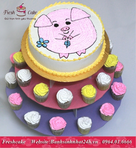 Tháp cupcake 4 tầng chú ỉn béo hồng béo ú [MS:0243]