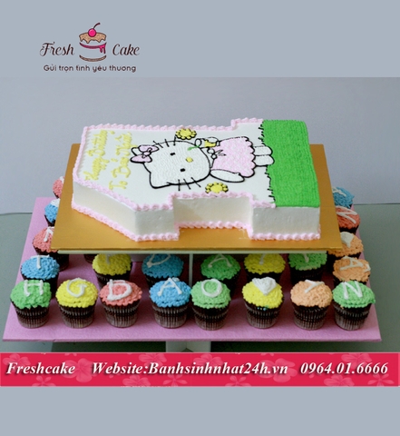 Tháp Cupcake chữ nhật 3 tầng mèo Kitty viết chữ đa sắc mầu [MS:0614]