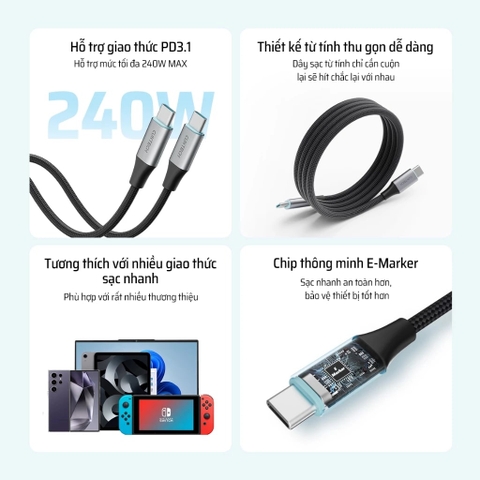 Cáp Sạc Nhanh Cuktech USB-C To USB-C 6A 240W Hít Từ Tính – CMC610