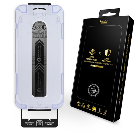 Miếng dán cường lực kèm khung trợ dán HODA 2 in 1 chống nhìn trộm và chống phản chiếu cho iPhone 15 Pro Max