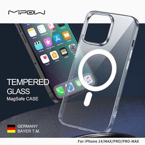 ỐP MAGSAFE IPHONE 14 MIPOW TEMPERED GLASS TRANSPARENT NGUYÊN LIỆU ĐỨC (DROPTEST 1.8M, BH Ố VÀNG 3 THÁNG) MGC14A