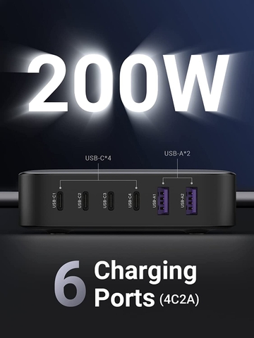 Sạc Nhanh GaN 200W UGREEN CD271 4 cổng USB-C, 2 cổng USB-A