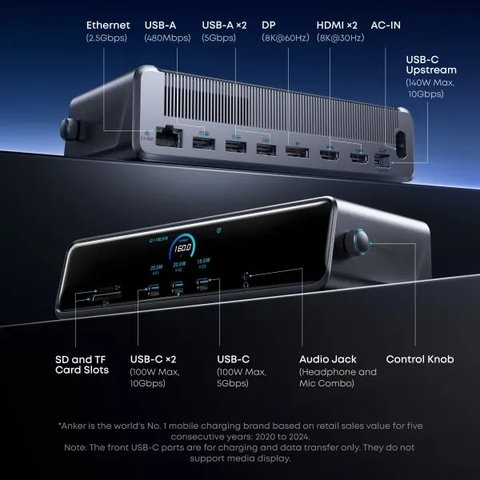 Trạm Sạc Anker Prime 160W 14 IN 1 Hỗ Trợ Triple Display & DisplayLink (Bộ chuyển đổi Hub) - A83B3