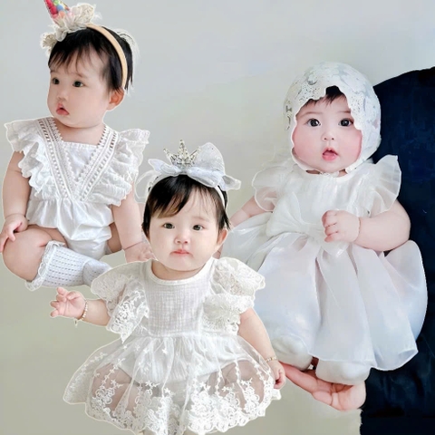 Body cho bé gái sơ sinh màu trắng mặc đầy tháng thôi nôi