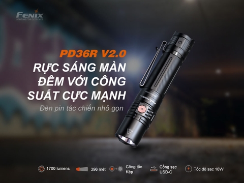 Đèn pin FENIX PD36R V2.0 độ sáng 1700lm chiếu xa 396m sạc USB C pin 21700 5000mAh kèm theo