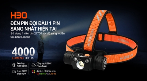 Đèn pin đội đầu ACEBEAM H30 độ sáng 4000 lumen sáng Trắng, 2 Led phụ sáng Đỏ, Xanh Lá, kèm pin 21700 5000mAh, cổng sạc USB-C Powerbank