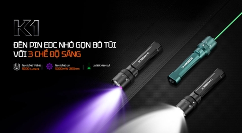 Đèn pin Acebeam K1 – Đèn pin EDC nhỏ gọn, 3 nguồn sáng Trắng/Laser xanh/UV sáng 1000lm, 223m, UV 365nm, sạc USB-C