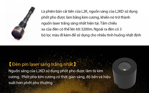 Đèn laser trắng MAXTOCH L2KD tầm chiếu siêu xa 3200m độ sáng 650 lumen sử dụng 2 pin Li-ion 21700 5000 mAh kèm theo