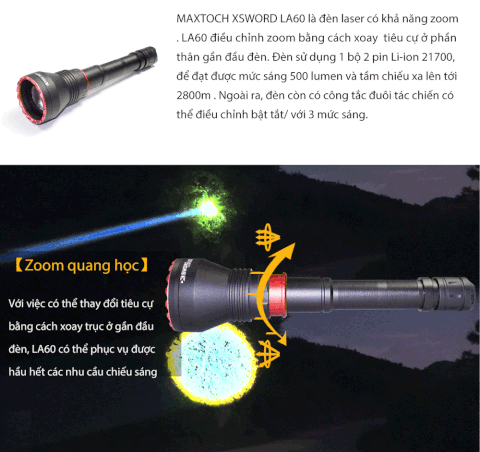 Đèn zoom laser trắng MAXTOCH LA60 tầm chiếu siêu xa 2800m độ sáng 500 lumen sử dụng 2 pin Li-ion 21700 5000 mAh kèm theo