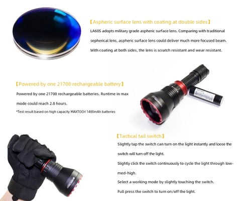 Đèn zoom laser trắng MAXTOCH LA60S tầm chiếu xa 2800m độ sáng 500 lumen sử dụng 1 pin Li-ion 21700 5000 mAh kèm theo