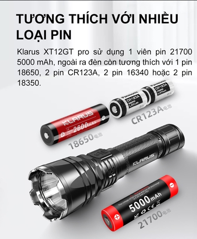 Đèn pin phản ứng nhanh KLARUS XT12GT Pro sáng 1600 lumen chiếu xa 850m kèm pin 21700 5000mAh sạc USB-C